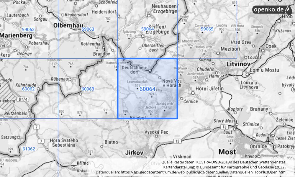 Übersichtskarte KOSTRA-DWD-2010R Rasterfeld Nr. 60064 mit angrenzenden Feldern