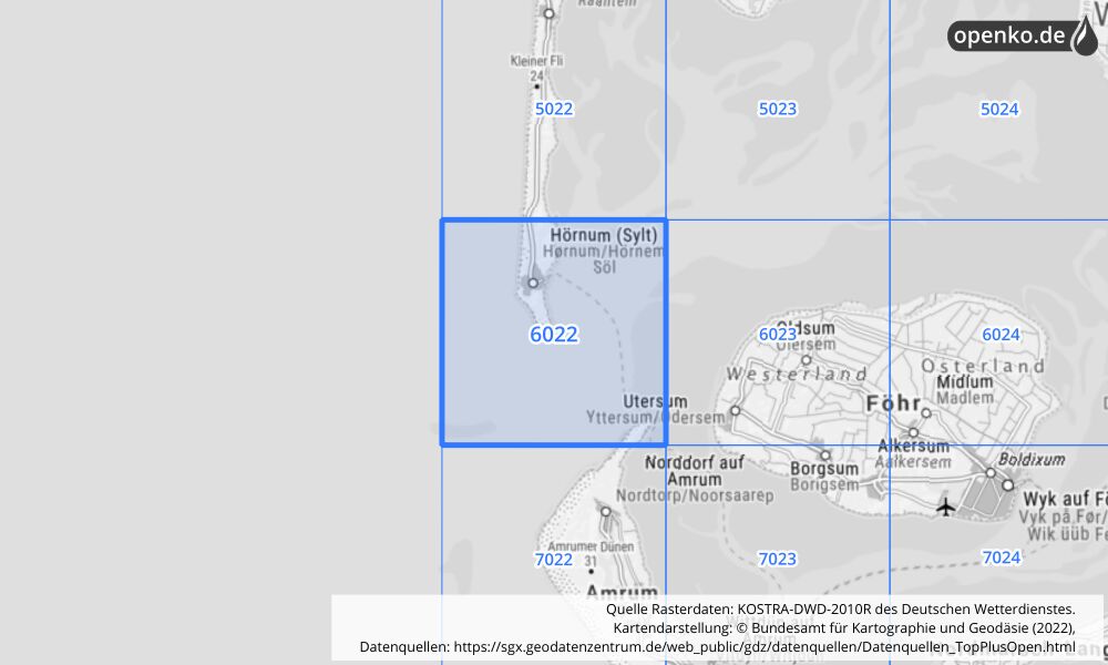 Übersichtskarte KOSTRA-DWD-2010R Rasterfeld Nr. 6022 mit angrenzenden Feldern