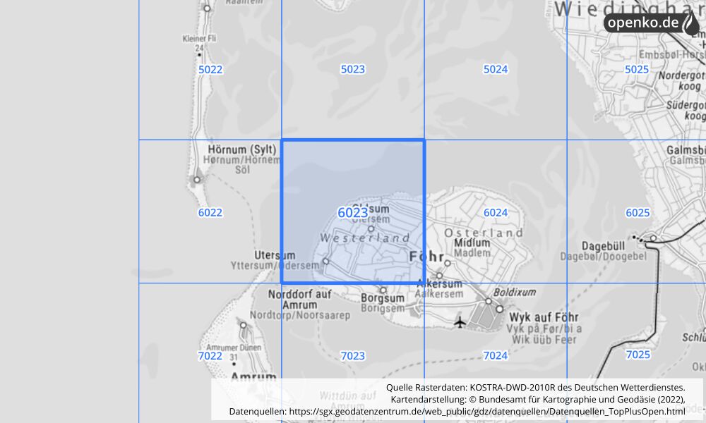 Übersichtskarte KOSTRA-DWD-2010R Rasterfeld Nr. 6023 mit angrenzenden Feldern