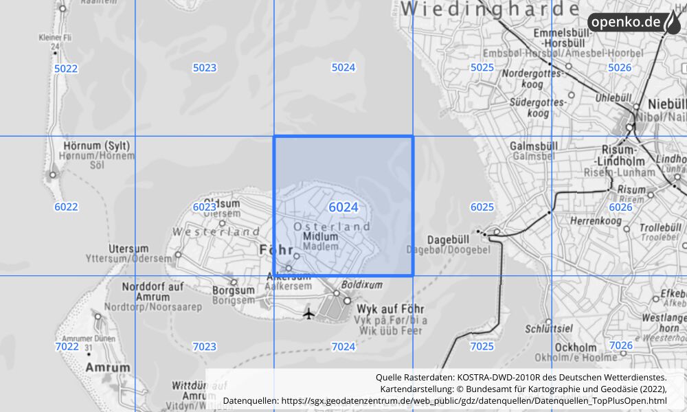 Übersichtskarte KOSTRA-DWD-2010R Rasterfeld Nr. 6024 mit angrenzenden Feldern