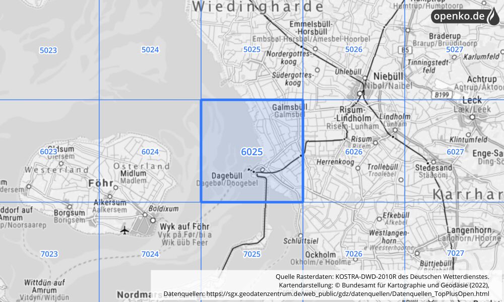 Übersichtskarte KOSTRA-DWD-2010R Rasterfeld Nr. 6025 mit angrenzenden Feldern