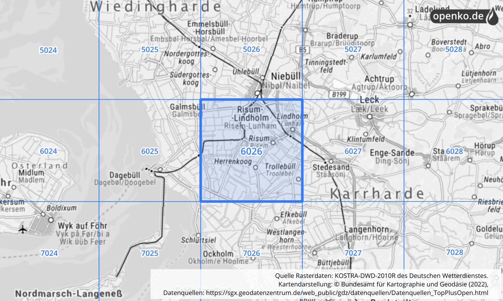 Übersichtskarte KOSTRA-DWD-2010R Rasterfeld Nr. 6026 mit angrenzenden Feldern