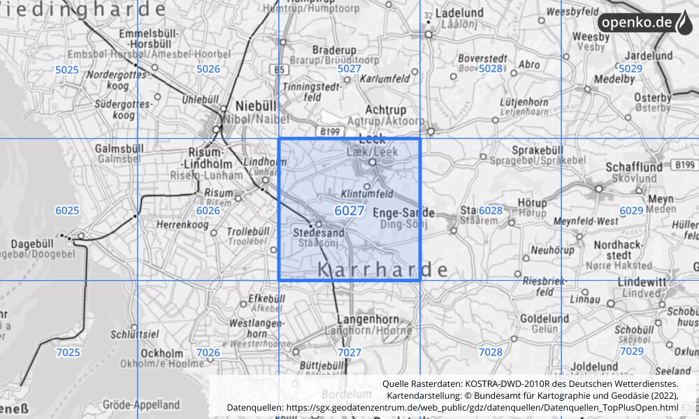 Übersichtskarte KOSTRA-DWD-2010R Rasterfeld Nr. 6027 mit angrenzenden Feldern