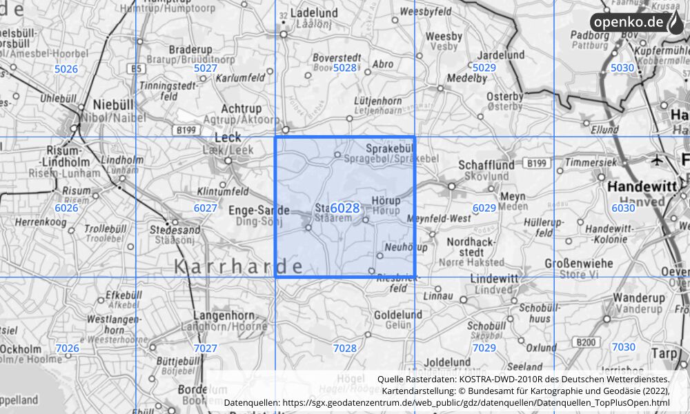 Übersichtskarte KOSTRA-DWD-2010R Rasterfeld Nr. 6028 mit angrenzenden Feldern