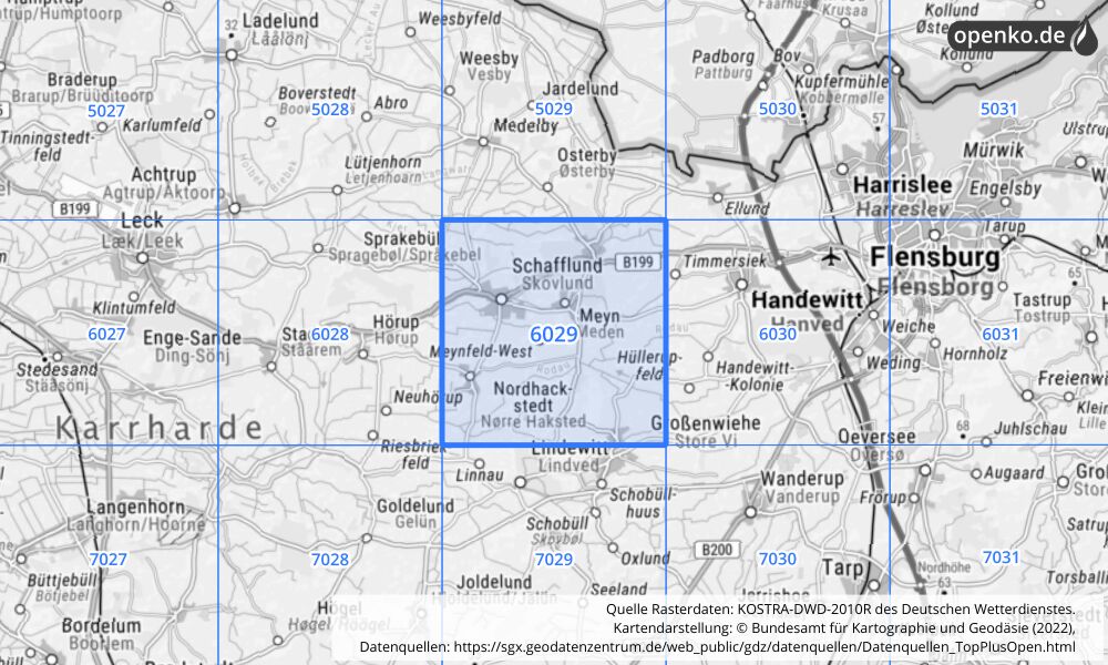 Übersichtskarte KOSTRA-DWD-2010R Rasterfeld Nr. 6029 mit angrenzenden Feldern