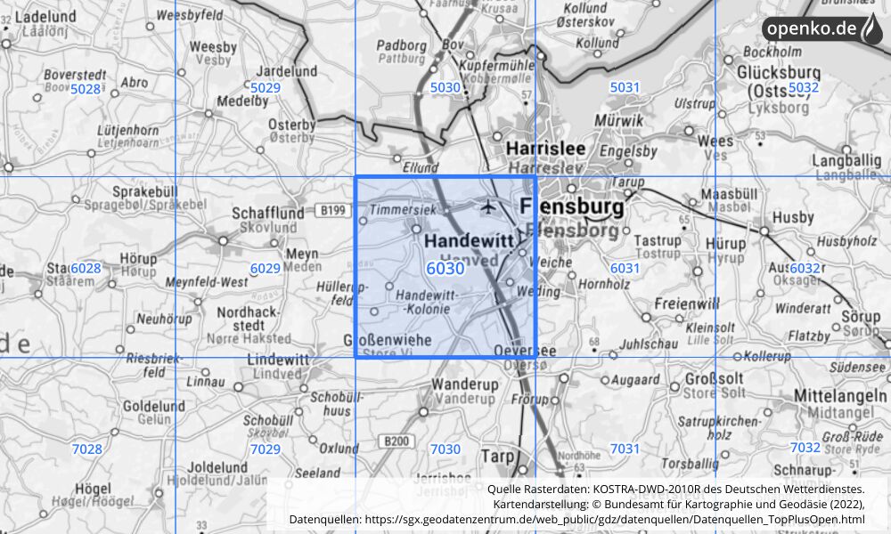 Übersichtskarte KOSTRA-DWD-2010R Rasterfeld Nr. 6030 mit angrenzenden Feldern