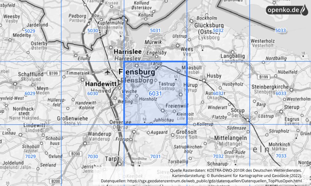 Übersichtskarte KOSTRA-DWD-2010R Rasterfeld Nr. 6031 mit angrenzenden Feldern