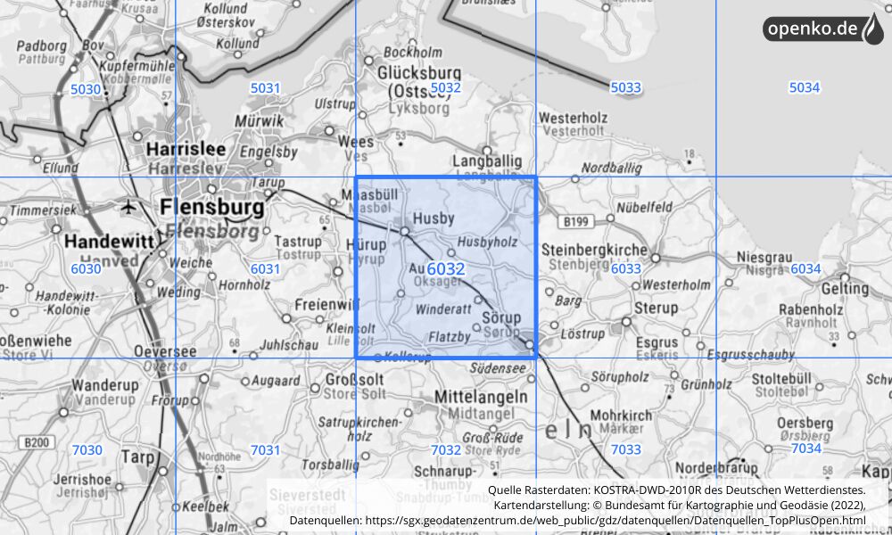 Übersichtskarte KOSTRA-DWD-2010R Rasterfeld Nr. 6032 mit angrenzenden Feldern