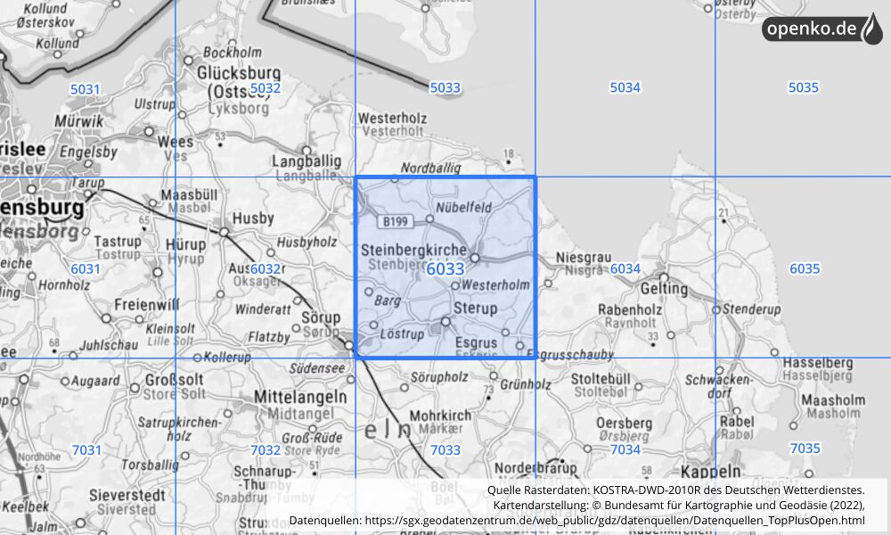 Übersichtskarte KOSTRA-DWD-2010R Rasterfeld Nr. 6033 mit angrenzenden Feldern