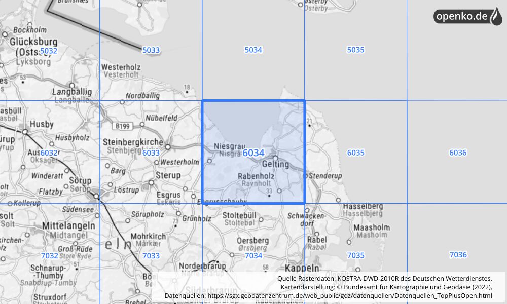 Übersichtskarte KOSTRA-DWD-2010R Rasterfeld Nr. 6034 mit angrenzenden Feldern