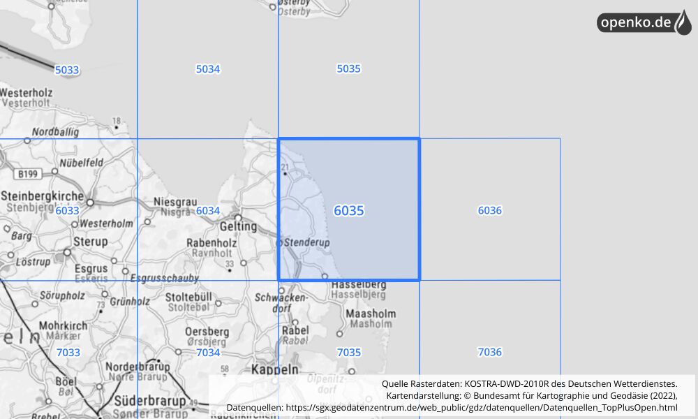 Übersichtskarte KOSTRA-DWD-2010R Rasterfeld Nr. 6035 mit angrenzenden Feldern