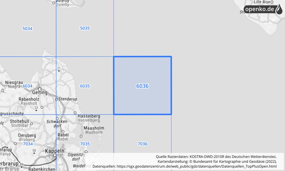 Übersichtskarte KOSTRA-DWD-2010R Rasterfeld Nr. 6036 mit angrenzenden Feldern