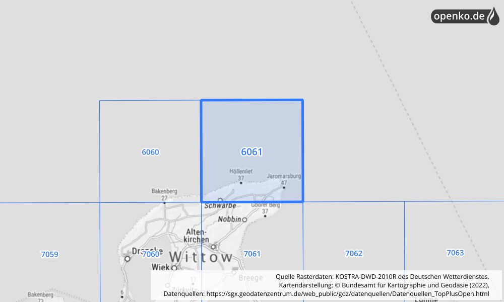 Übersichtskarte KOSTRA-DWD-2010R Rasterfeld Nr. 6061 mit angrenzenden Feldern