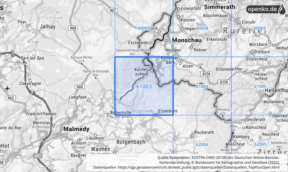 Übersichtskarte KOSTRA-DWD-2010R Rasterfeld Nr. 61003 mit angrenzenden Feldern