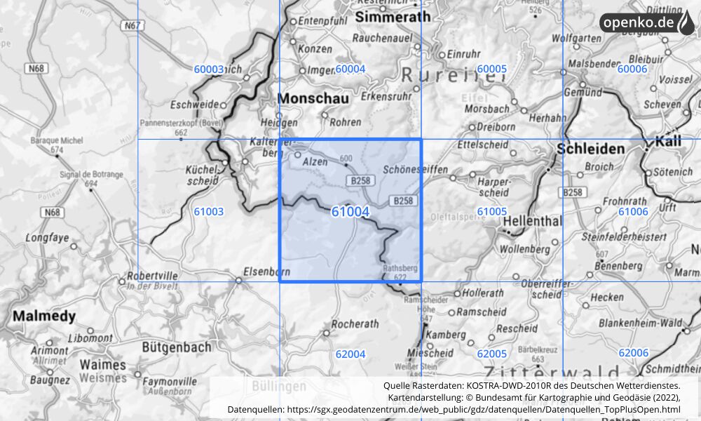 Übersichtskarte KOSTRA-DWD-2010R Rasterfeld Nr. 61004 mit angrenzenden Feldern