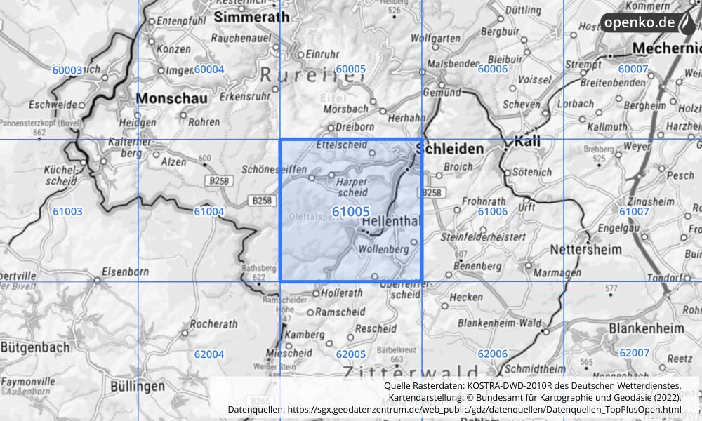 Übersichtskarte KOSTRA-DWD-2010R Rasterfeld Nr. 61005 mit angrenzenden Feldern