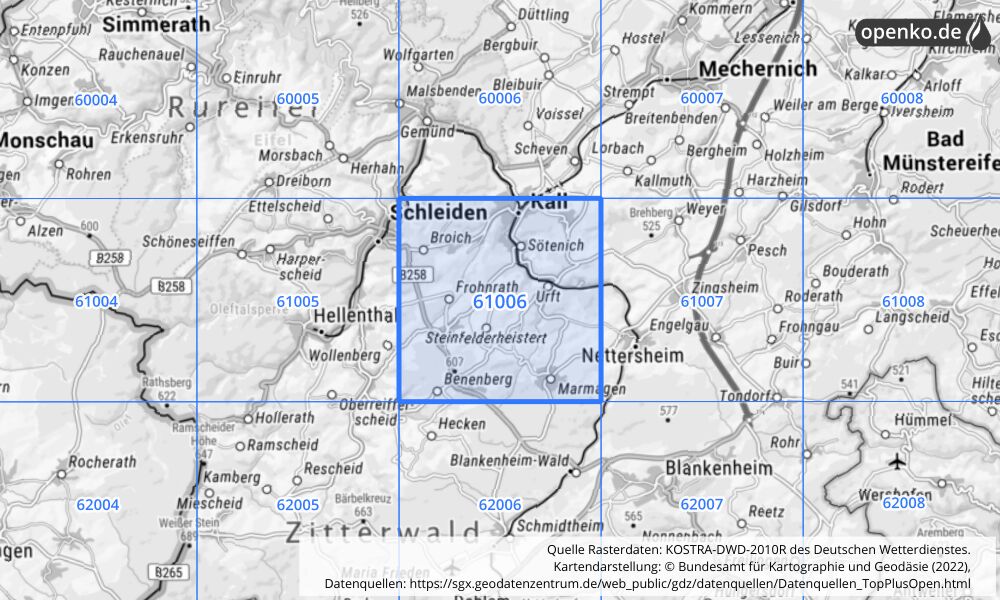 Übersichtskarte KOSTRA-DWD-2010R Rasterfeld Nr. 61006 mit angrenzenden Feldern