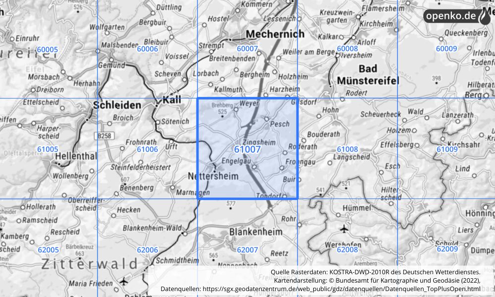 Übersichtskarte KOSTRA-DWD-2010R Rasterfeld Nr. 61007 mit angrenzenden Feldern