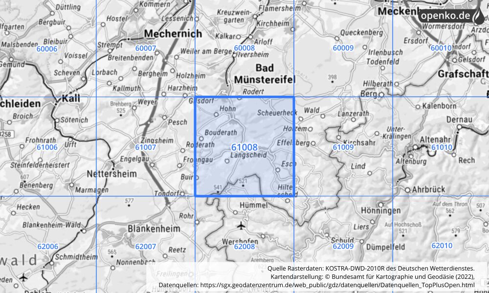 Übersichtskarte KOSTRA-DWD-2010R Rasterfeld Nr. 61008 mit angrenzenden Feldern