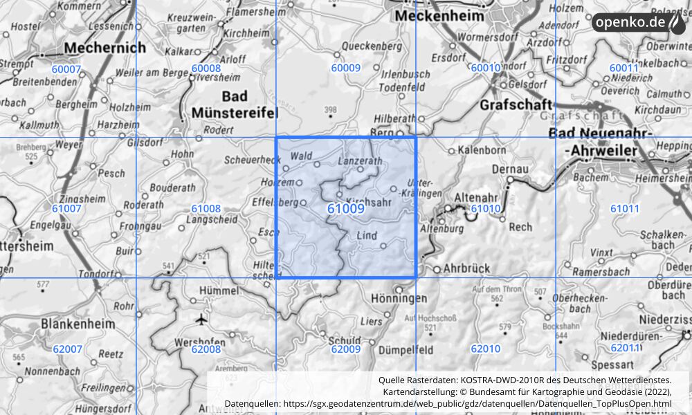 Übersichtskarte KOSTRA-DWD-2010R Rasterfeld Nr. 61009 mit angrenzenden Feldern