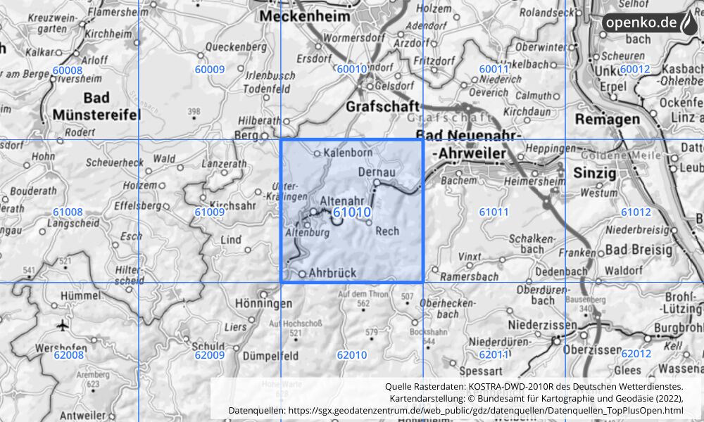 Übersichtskarte KOSTRA-DWD-2010R Rasterfeld Nr. 61010 mit angrenzenden Feldern