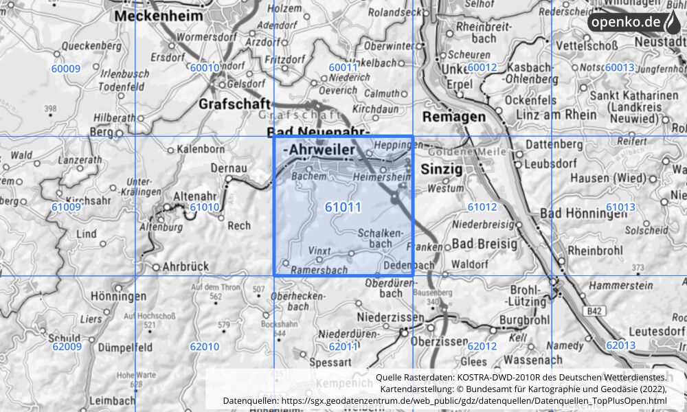 Übersichtskarte KOSTRA-DWD-2010R Rasterfeld Nr. 61011 mit angrenzenden Feldern