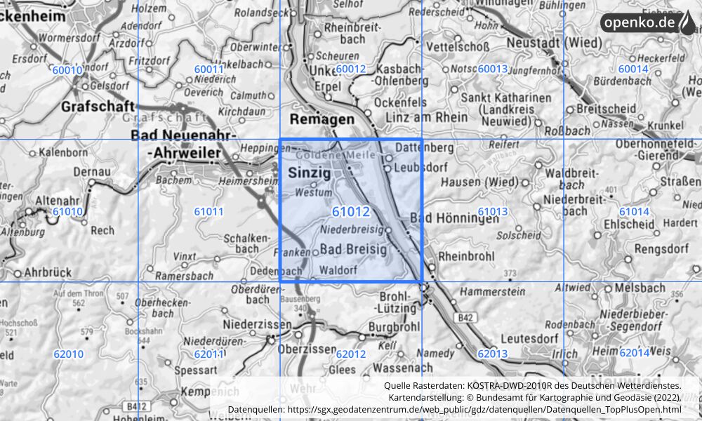 Übersichtskarte KOSTRA-DWD-2010R Rasterfeld Nr. 61012 mit angrenzenden Feldern