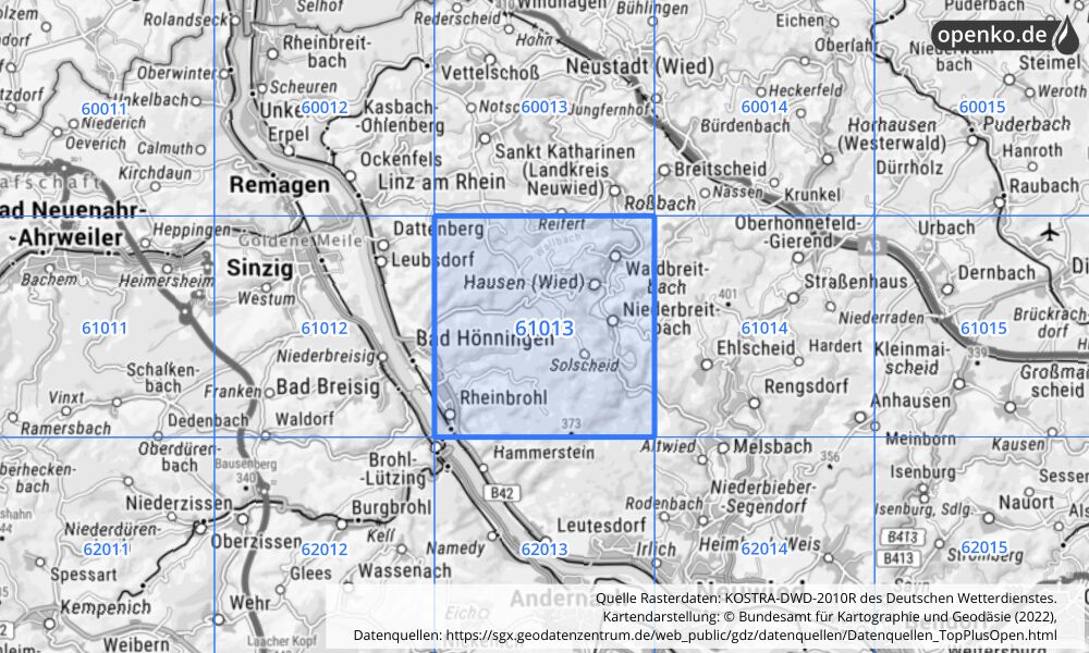 Übersichtskarte KOSTRA-DWD-2010R Rasterfeld Nr. 61013 mit angrenzenden Feldern