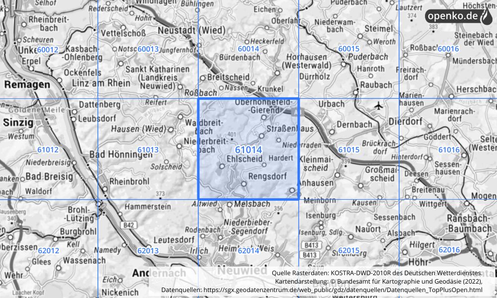 Übersichtskarte KOSTRA-DWD-2010R Rasterfeld Nr. 61014 mit angrenzenden Feldern