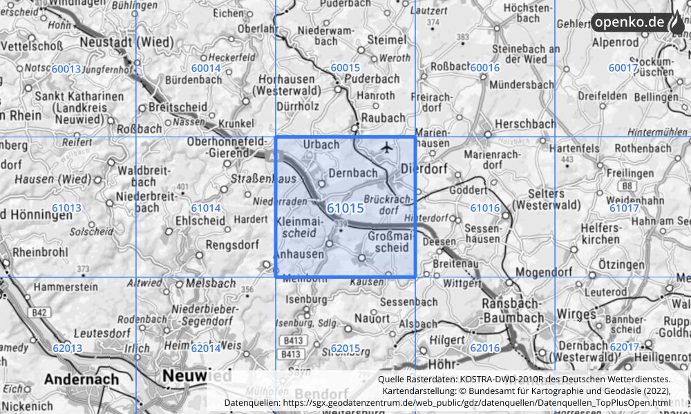 Übersichtskarte KOSTRA-DWD-2010R Rasterfeld Nr. 61015 mit angrenzenden Feldern