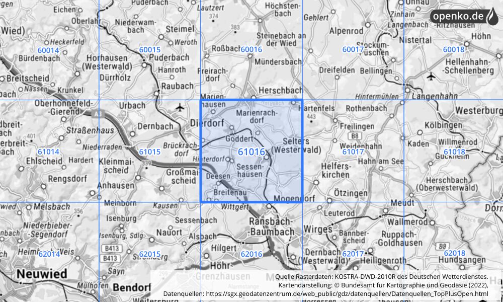 Übersichtskarte KOSTRA-DWD-2010R Rasterfeld Nr. 61016 mit angrenzenden Feldern