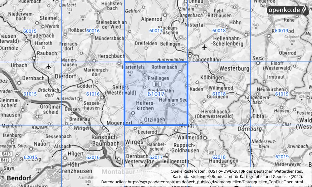 Übersichtskarte KOSTRA-DWD-2010R Rasterfeld Nr. 61017 mit angrenzenden Feldern