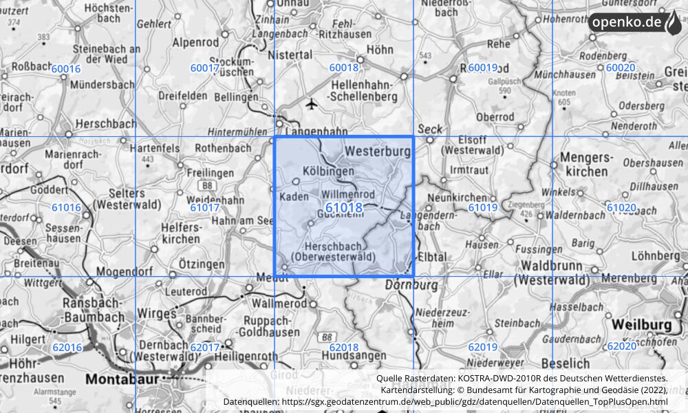 Übersichtskarte KOSTRA-DWD-2010R Rasterfeld Nr. 61018 mit angrenzenden Feldern