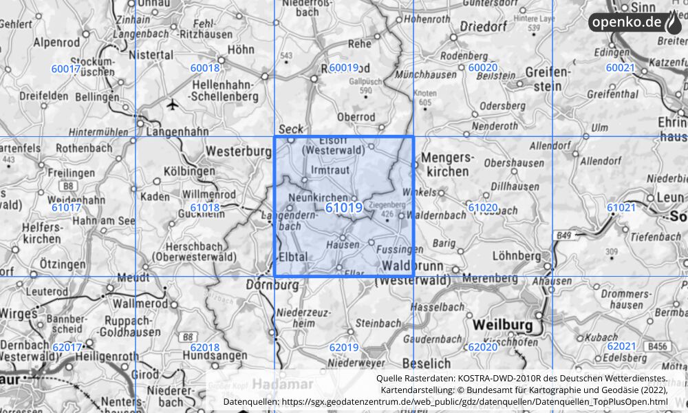 Übersichtskarte KOSTRA-DWD-2010R Rasterfeld Nr. 61019 mit angrenzenden Feldern