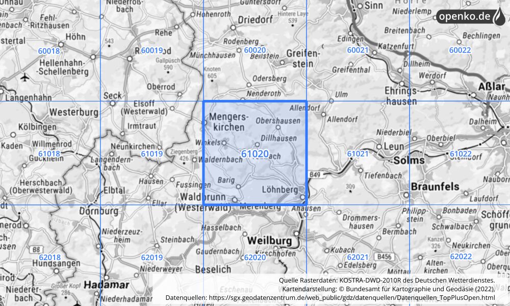 Übersichtskarte KOSTRA-DWD-2010R Rasterfeld Nr. 61020 mit angrenzenden Feldern