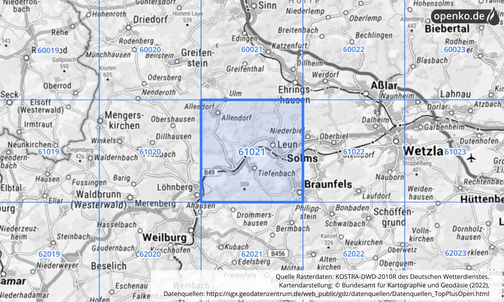 Übersichtskarte KOSTRA-DWD-2010R Rasterfeld Nr. 61021 mit angrenzenden Feldern