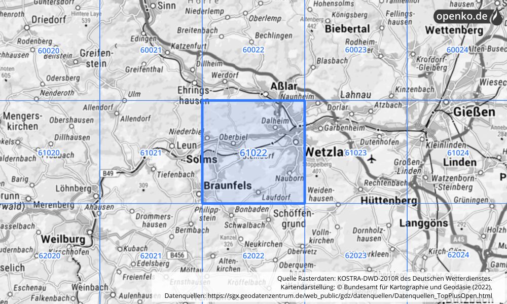 Übersichtskarte KOSTRA-DWD-2010R Rasterfeld Nr. 61022 mit angrenzenden Feldern