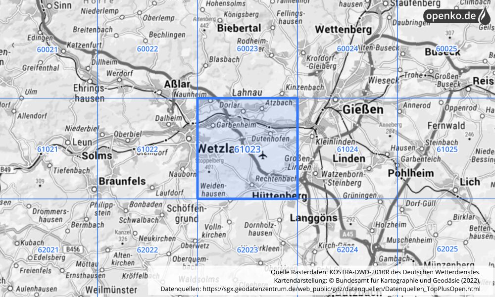 Übersichtskarte KOSTRA-DWD-2010R Rasterfeld Nr. 61023 mit angrenzenden Feldern