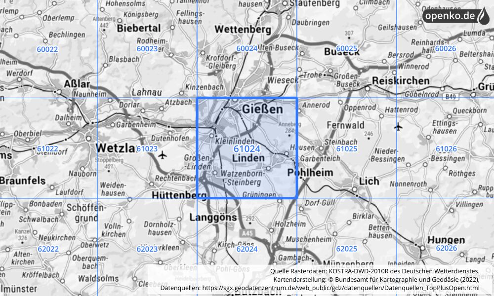 Übersichtskarte KOSTRA-DWD-2010R Rasterfeld Nr. 61024 mit angrenzenden Feldern