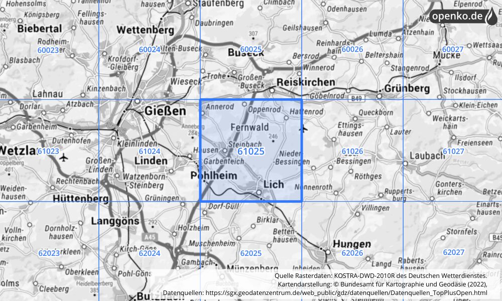 Übersichtskarte KOSTRA-DWD-2010R Rasterfeld Nr. 61025 mit angrenzenden Feldern