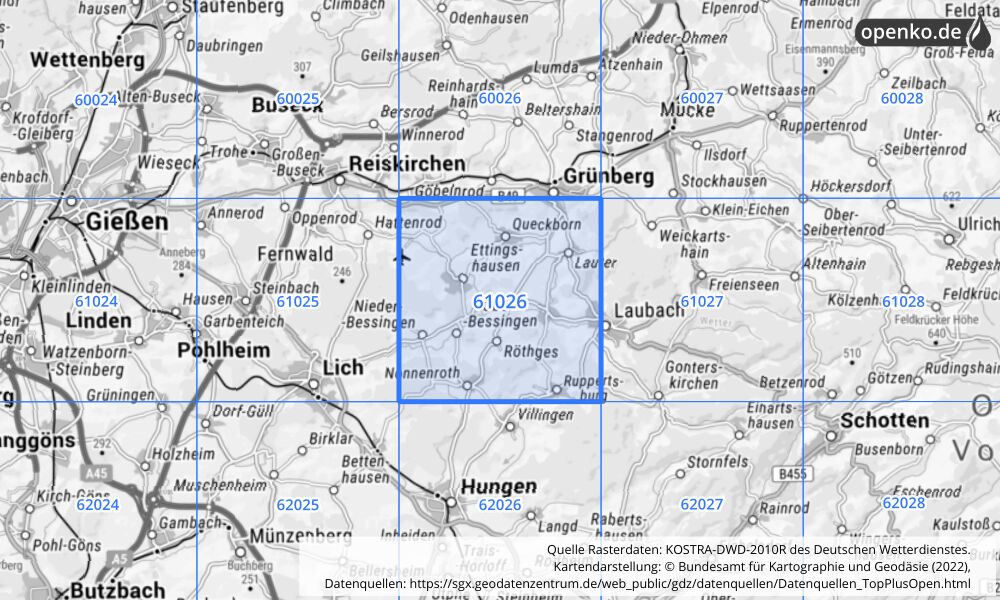 Übersichtskarte KOSTRA-DWD-2010R Rasterfeld Nr. 61026 mit angrenzenden Feldern