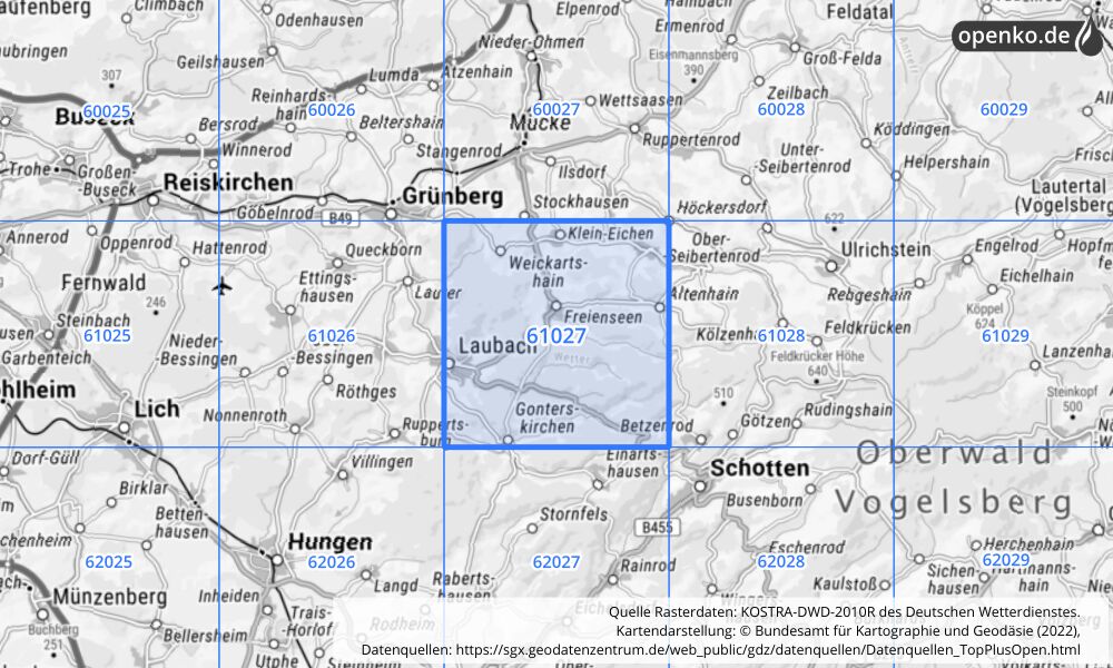 Übersichtskarte KOSTRA-DWD-2010R Rasterfeld Nr. 61027 mit angrenzenden Feldern