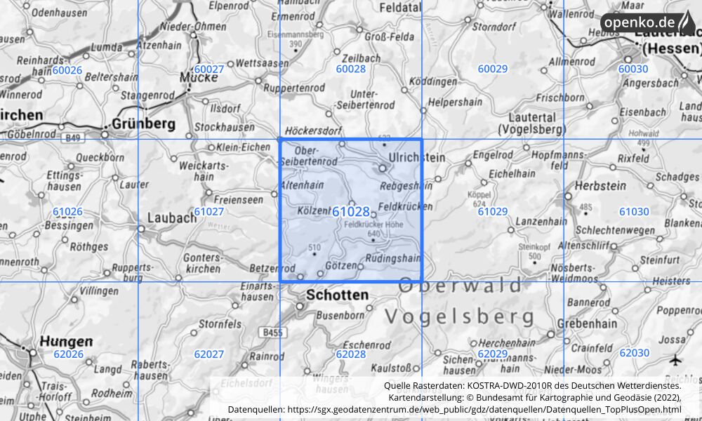 Übersichtskarte KOSTRA-DWD-2010R Rasterfeld Nr. 61028 mit angrenzenden Feldern