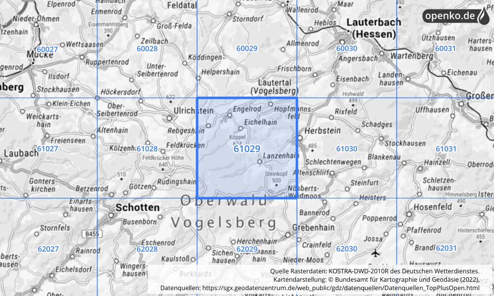 Übersichtskarte KOSTRA-DWD-2010R Rasterfeld Nr. 61029 mit angrenzenden Feldern