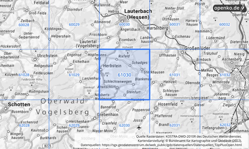 Übersichtskarte KOSTRA-DWD-2010R Rasterfeld Nr. 61030 mit angrenzenden Feldern