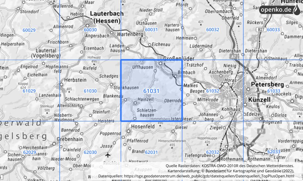 Übersichtskarte KOSTRA-DWD-2010R Rasterfeld Nr. 61031 mit angrenzenden Feldern