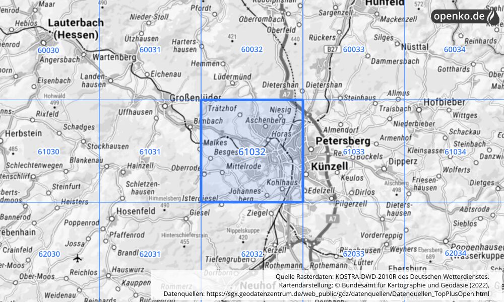 Übersichtskarte KOSTRA-DWD-2010R Rasterfeld Nr. 61032 mit angrenzenden Feldern