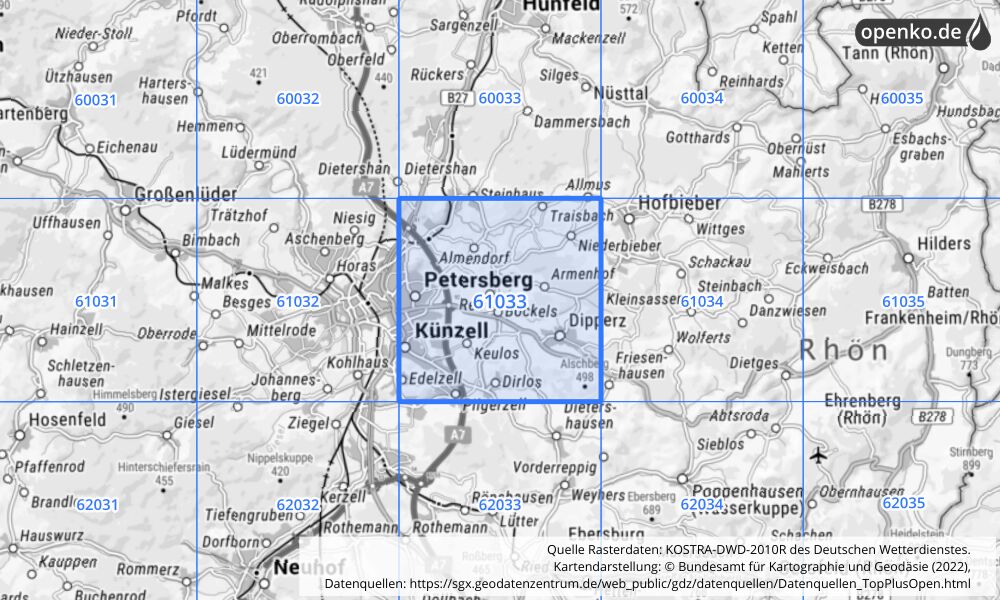 Übersichtskarte KOSTRA-DWD-2010R Rasterfeld Nr. 61033 mit angrenzenden Feldern