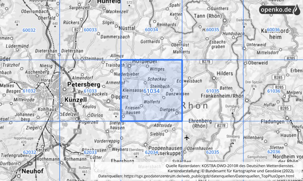 Übersichtskarte KOSTRA-DWD-2010R Rasterfeld Nr. 61034 mit angrenzenden Feldern