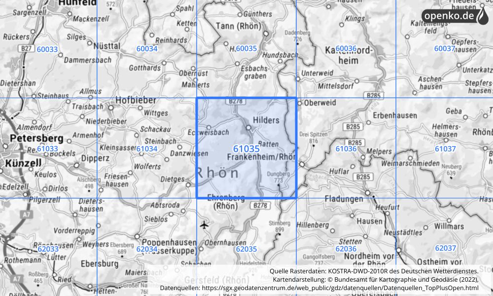 Übersichtskarte KOSTRA-DWD-2010R Rasterfeld Nr. 61035 mit angrenzenden Feldern